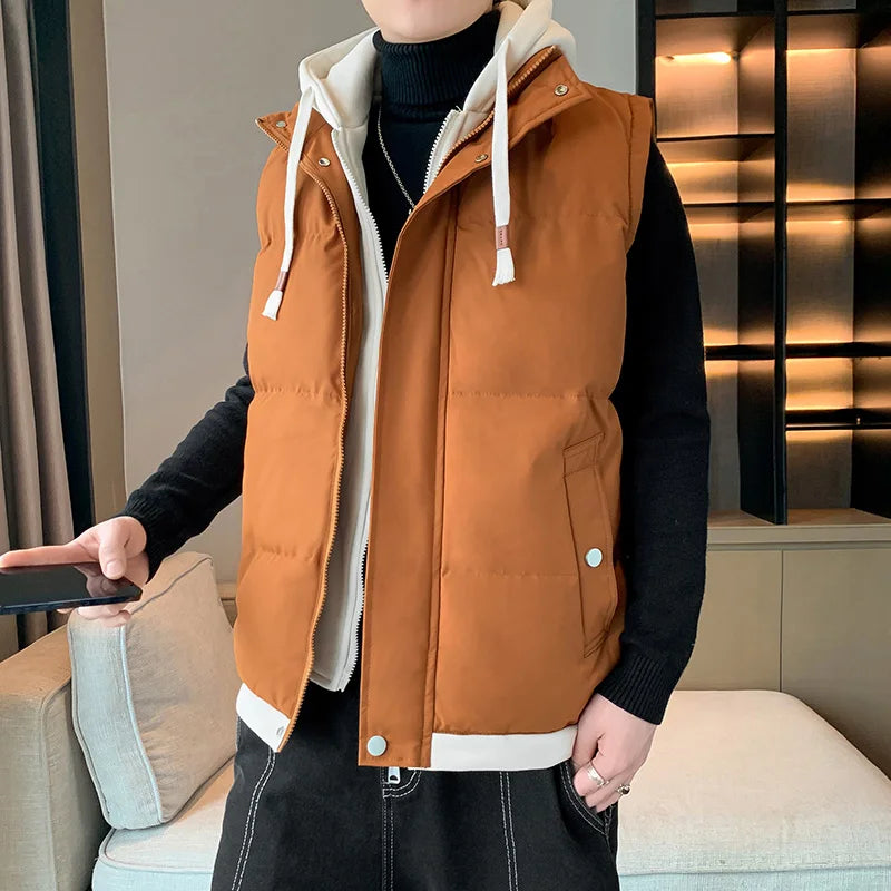 Men Windproof Hooded Vest Men Jacket Sleeveless Vest Winter Jacket Casual Coat Men Down Cotton Warm Thicken Waistcoat Thick Coat