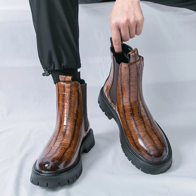 Street Style Pointed Toes Chelsea Boots Stylish Leather Ankle Boots Fashion High Top Shoes Party Business Motorcycle Boots Botas.