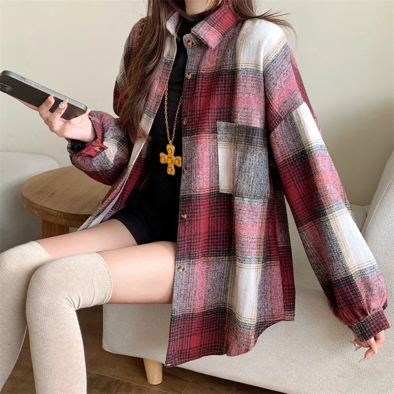 Zjaiss Women Thick Woolen Plaid Blouse Loose Long Sleeved Tops 2025 Autumn Winter New Casual Shirt Long Shirts.