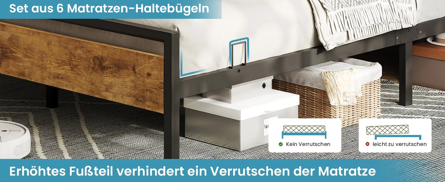 Metallbettgestell 140 x 200 cm mit LED-Beleuchtung, Kopfteil und Ladestation, integriertes Metallbett 140 x 200 mit Gitterbraten