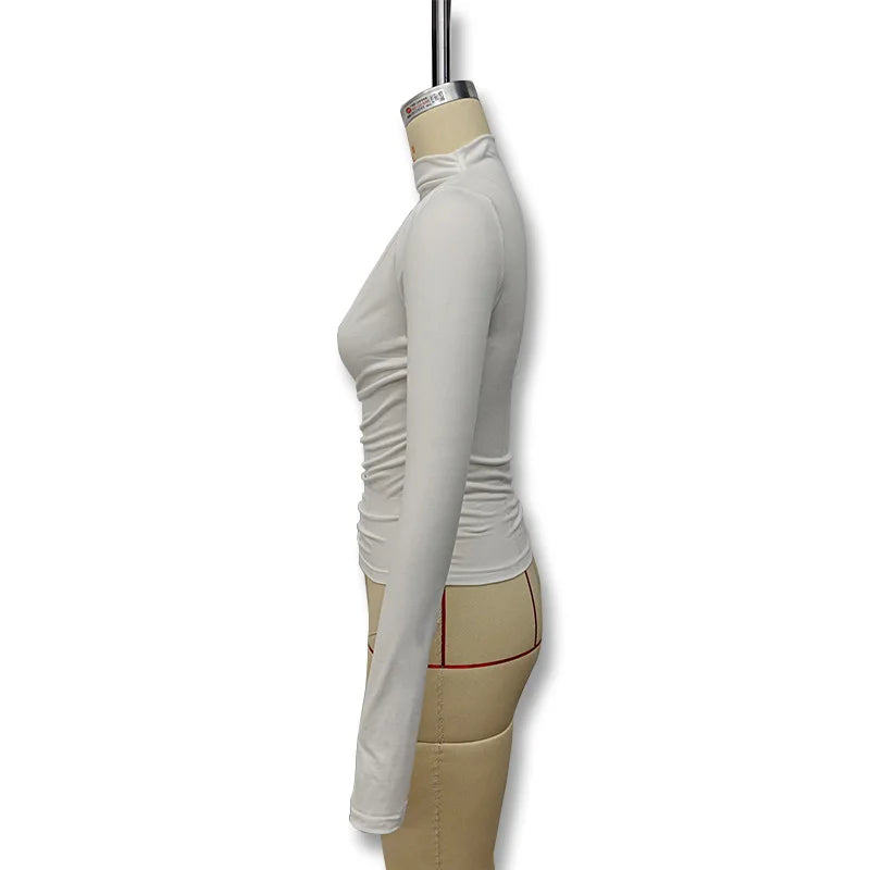 New fashion women's casual slim fit pleated high neck long sleeved solid color top t-shirt