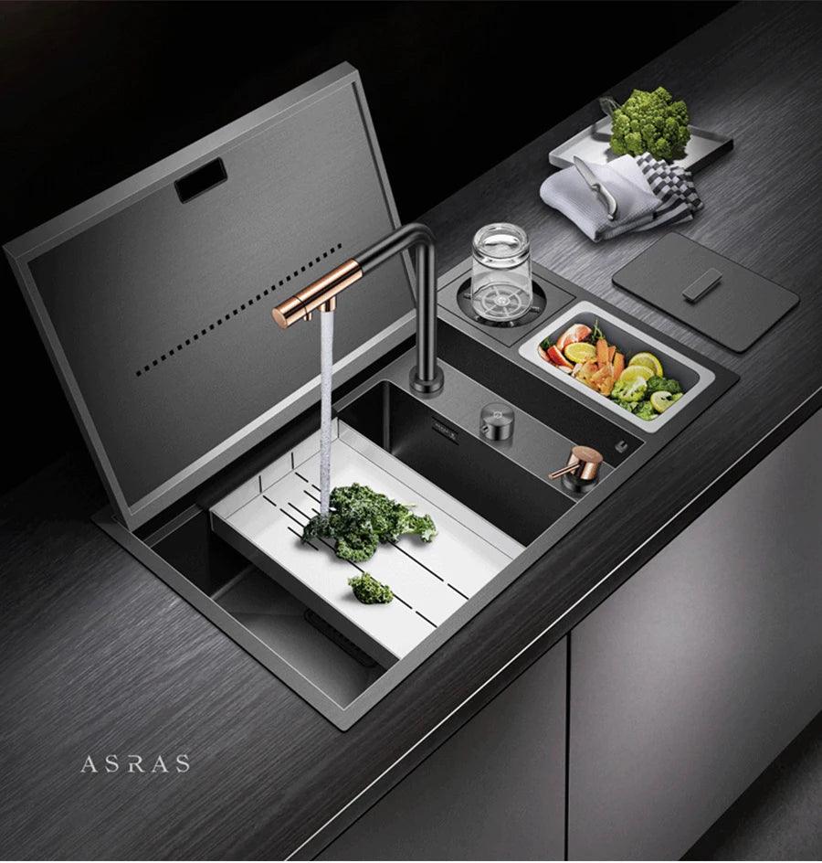 ASRAS Nanometer Hidden Flip Cover kitchen Island Sink 4mm Thickness Handmade Cup Rinser And Trash Can Kitchen Sinks