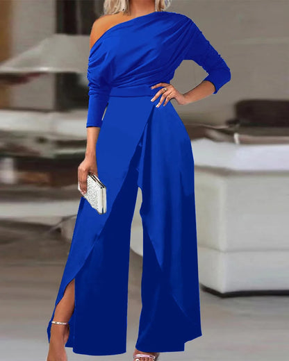 Elegant Jumpsuits for Women 2025 Spring New Plain Elegant Office Lady Loose Ruched Cold Shoulder Split Hem Wide Leg Jumpsuit.