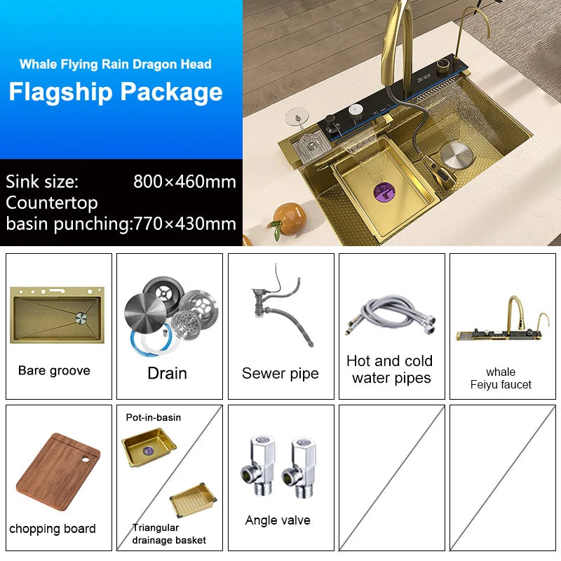 Golden Stainless Steel Kitchen Sink Waterfall Outlet Large Single Sink Digital Display Dishwashing and Vegetable Sinks