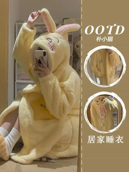 Kawaii Chiikawas Pajamas Coral Velvet Home Wear Long Length Nightgown Thick Cardigan Pant Cartoon Cute Girl Casual Home Clothing.