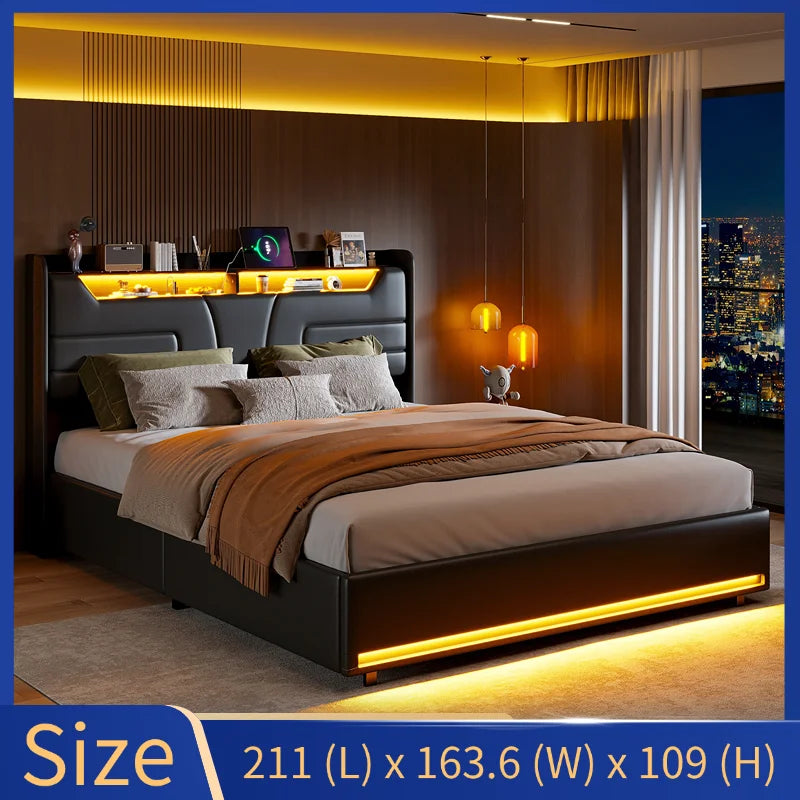 Creahappy Federkernmatratzenbett 160 x 200 cm, Doppelbett mit unabhängiger LED-Beleuchtung, stilvolles Polsterbett mit Stauraum