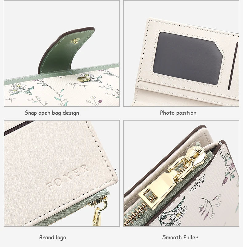 FOXER New Women's Long Wallet Fashion Multi-card Clutch Slot Card Holder Signature Versatile PU Floral Wallet Zipper Coin Purse.