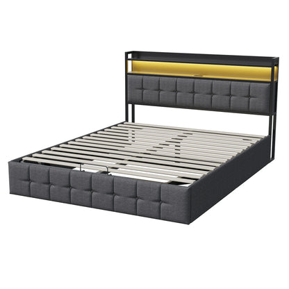 Rosahqnda Doppelbett 160 x 200 cm, mit Steckdose und LED, Kopfteil mit Stauraum und hydraulischem Stauraum, Schlafzimmer für Teenager, Leinen/PU