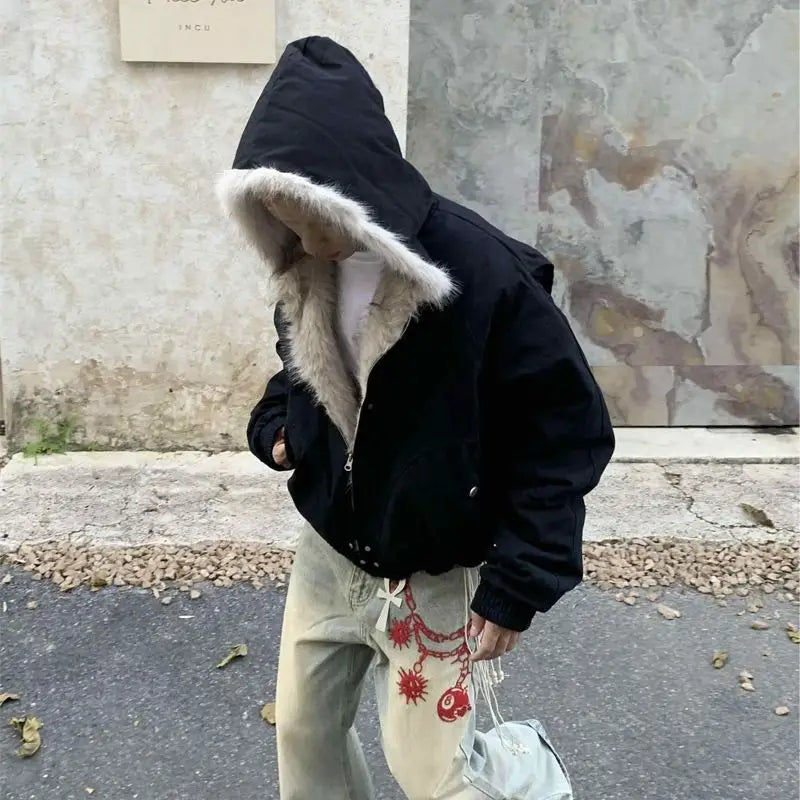 American Retro Woolen Collar Hooded Cotton Jacket Winter Thick Plush Top Men Street Hip-Hop Gothic Harajuku Oversize Jacket Coat.