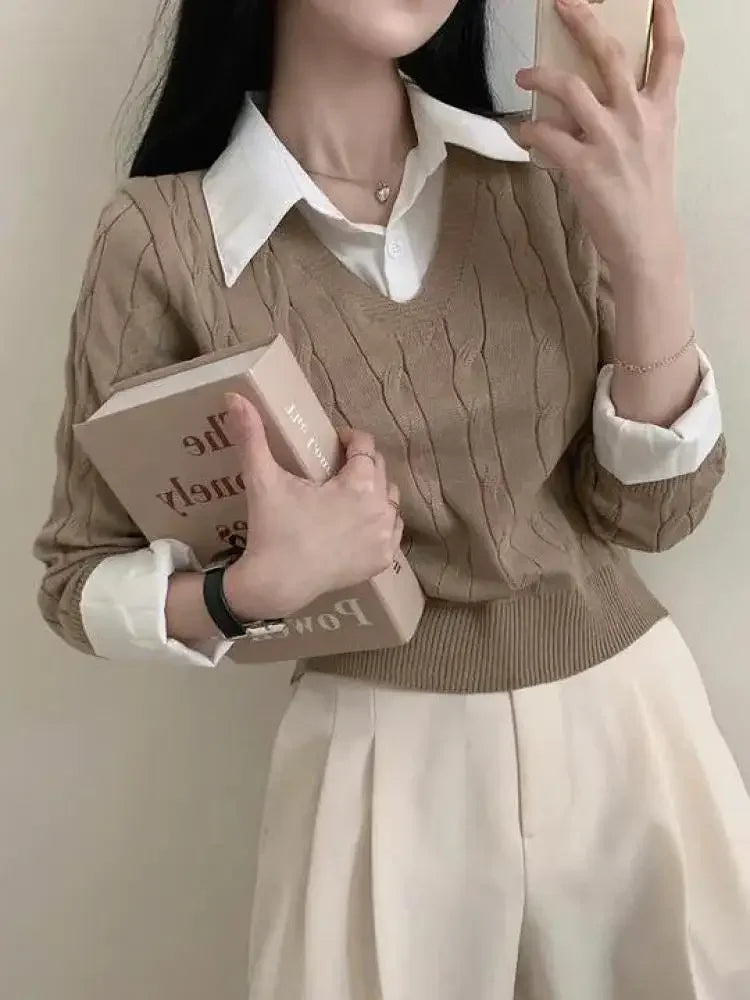 Mode Winter Gestrickte Pullover Frauen Casual V-ausschnitt Pullover Alle-spiel Weibliche Kleidung Lose Gefälschte Zwei Artikel Kurze Tops Jumper.