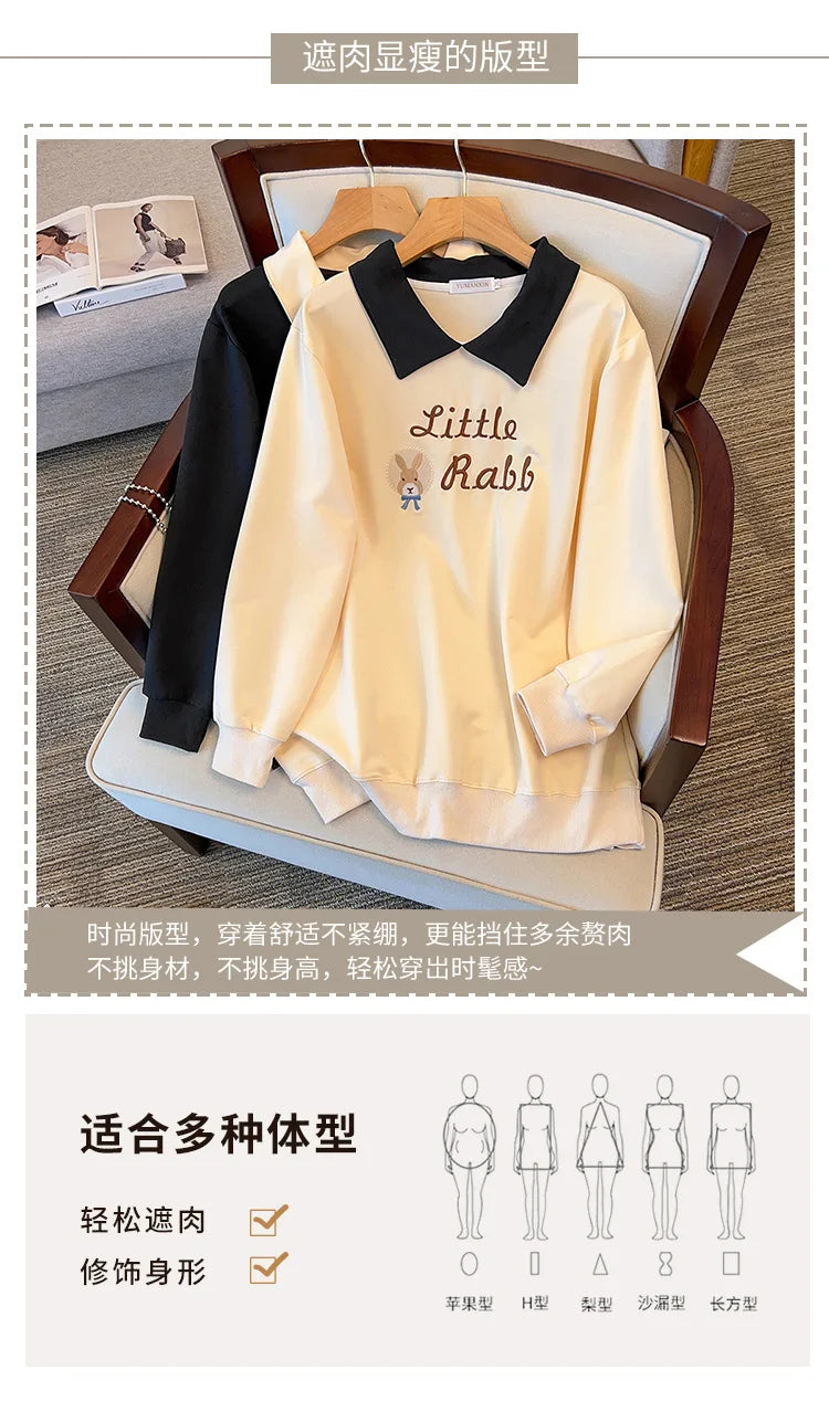 175kg plus size Damen büste Herbst lose Revers Sweatshirt Langarm lässig Top schwarz Aprikose 6xl 7xl 8xl 9xl 10xl 11xl.