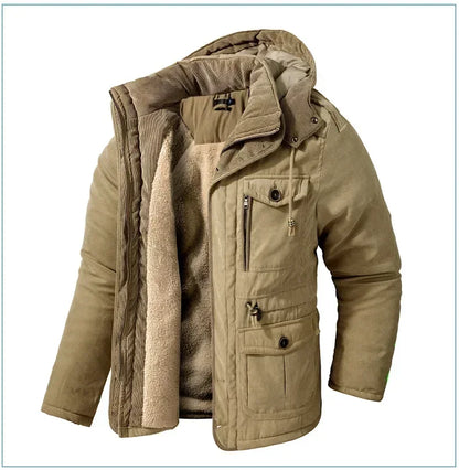 Men's Jacket WINTER USA SIZE Large SIZE Lamb Fleece JACKETS Hooded Cotton Thickened Multi Pocket Casual Mid length Coat