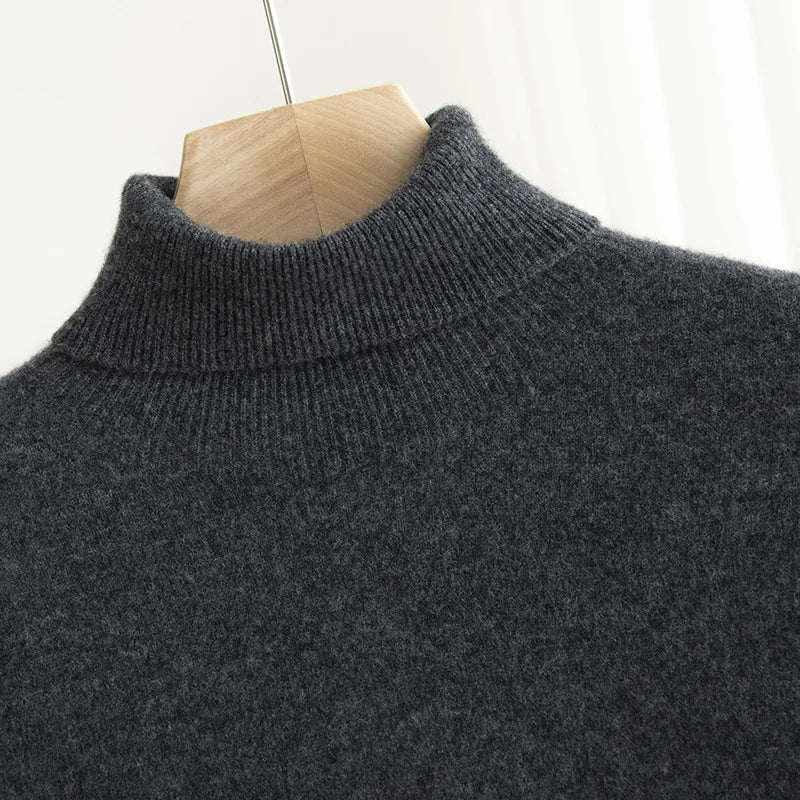 Men 100% Merino Wool Sweater Turtleneck Knitted Pullover Cashmere Warm Solid Color Clothes Business Bottoming Tops Autumn Winter