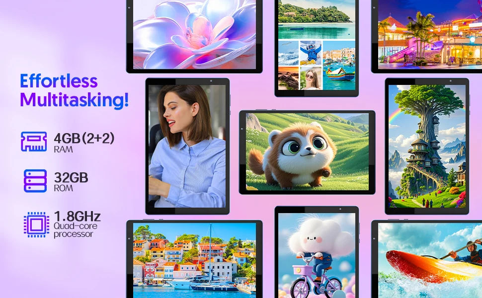 BAKEN 10-inch HD Display Android 14 Tablet, Quad-Core Processor, 4 (2+2)GB ROM + 32GB RAM, Bluetooth, Google Play.