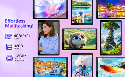 BAKEN 10-inch HD Display Android 14 Tablet, Quad-Core Processor, 4 (2+2)GB ROM + 32GB RAM, Bluetooth, Google Play.