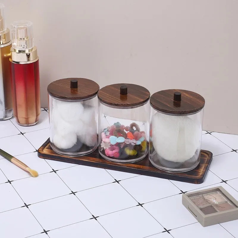 Transparent Acrylic round Wood Lid Cotton Swab Box Plastic Small Organizer Box Makeup Remover Cotton Storage Box Set.