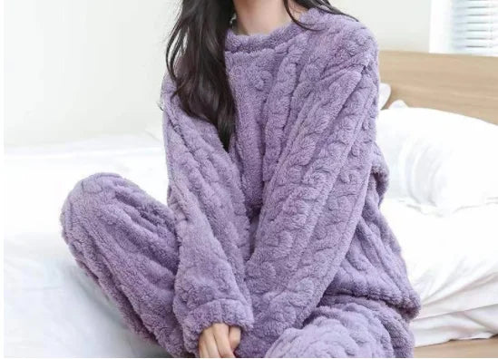 Herbst Winter Lose Süße Casual Pyjamas frauen Set Dicke Fleece Wolle Langarm Top Hause Elastische Taille Lange Hosen Hosen.