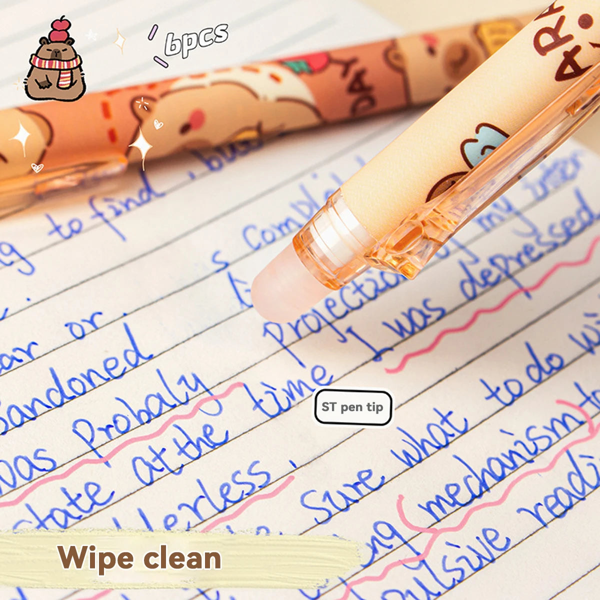 Capybara löschbare Stifte, 6 Stück, nachfüllbare Tinte, Gelstift, wischfrei, niedliches Tier, Schulbedarf für Studenten, Büro, Schreibwaren, Geschenke.