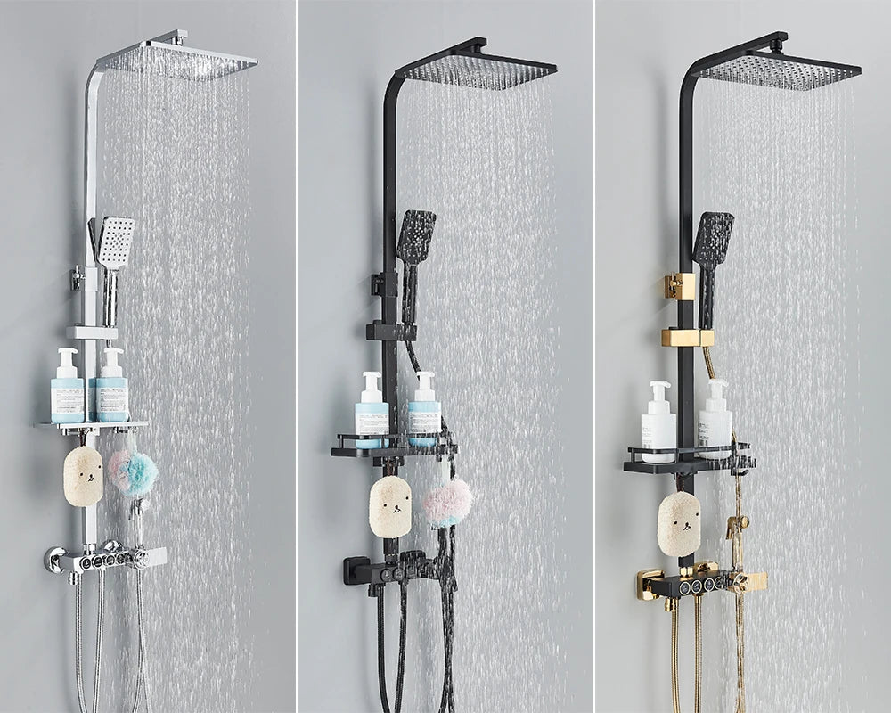 Black Thermostatic Shower Faucet Set For Bathroom Smart Display Hot Cold Water Mixer Tap Wall Mounted Rainfall System With Bidet