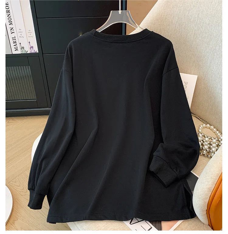 150 kg Übergröße Damen Büste 155 Frühling Herbst Lose Sweatshirt mit hellem Diamantherz Schwarz 5XL 6XL 7XL 8XL 9XL.