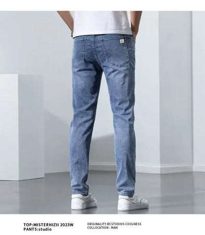 Hong Kong Summer Thin Men's Blue Jeans Slims Smooths Your Silhouette Feet Stretchy Korean Style Light Color Versatile Pants.