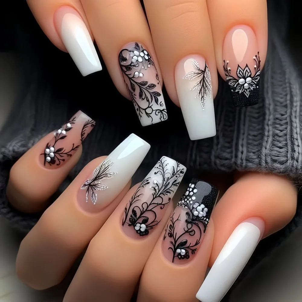 Purple Flower Press on Nails 24Pcs Almond/Coffin Wearable Fake Nails Flower Printed Woman DIY Manicure Acrylic False Nails Tips.
