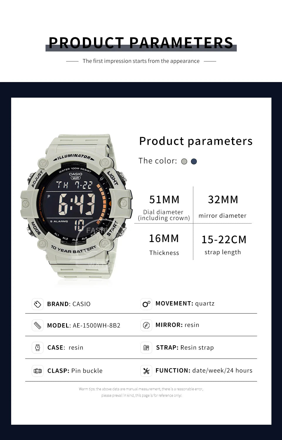 Casio Men's Watch Large Dial Sporty Model Stylish Cool Multifunctional Watches AE-1500WH-8B2.