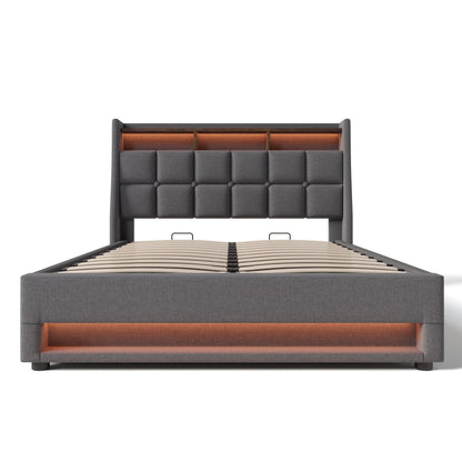 VSOGA Polsterbett mit USB 90/140/160 x200 cm, LED-Doppelbett mit Metallrahmenlatten, Bettrahmen aus Leinen (mit Matratze)