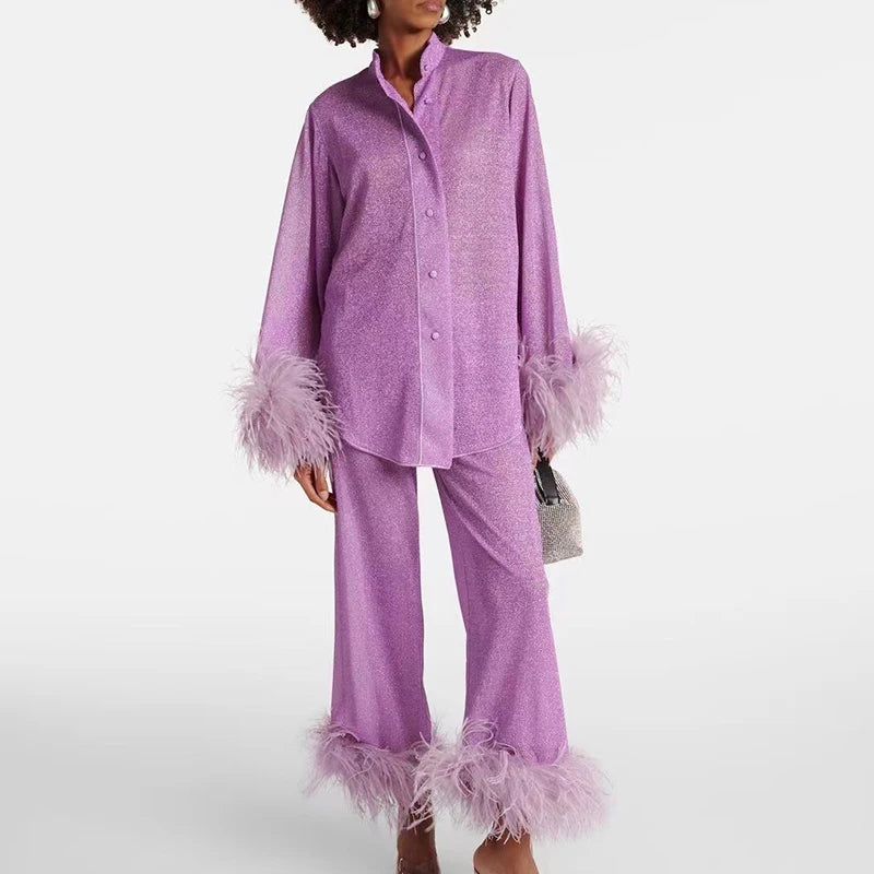 Fashion Solid Patchwork Feather Tops+Straight Pants Set Casual Loose Stand Collar Outfits Elegant Long Sleeve Button 2 Piece Set.