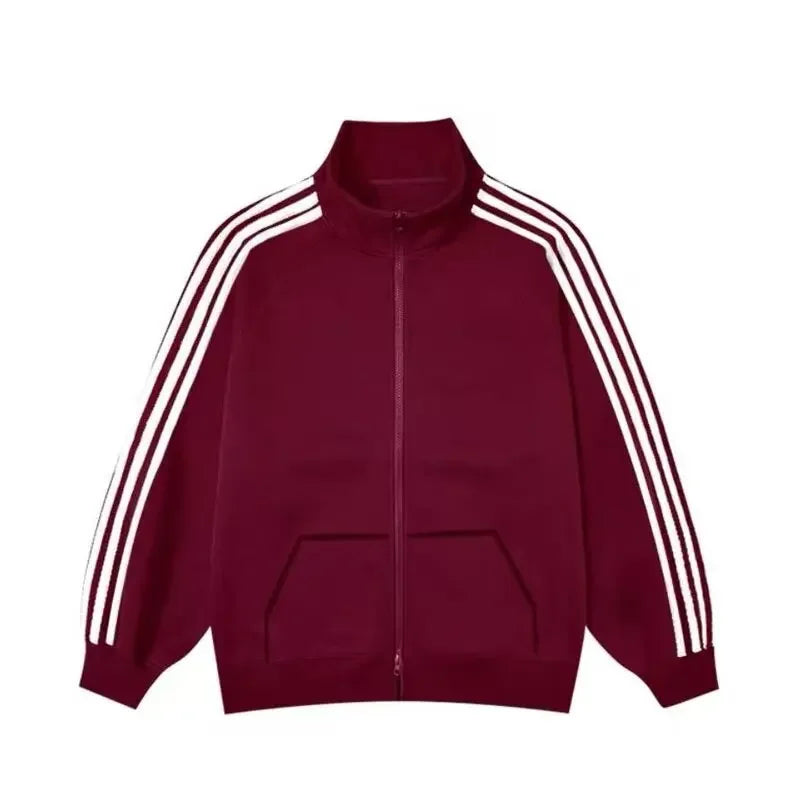 Casual Three-Stripes Men's Jacket And Pants Set Spring Autumn Loose Fit Fashionable Two-Piece Suit Stand Collar Long Trousers.