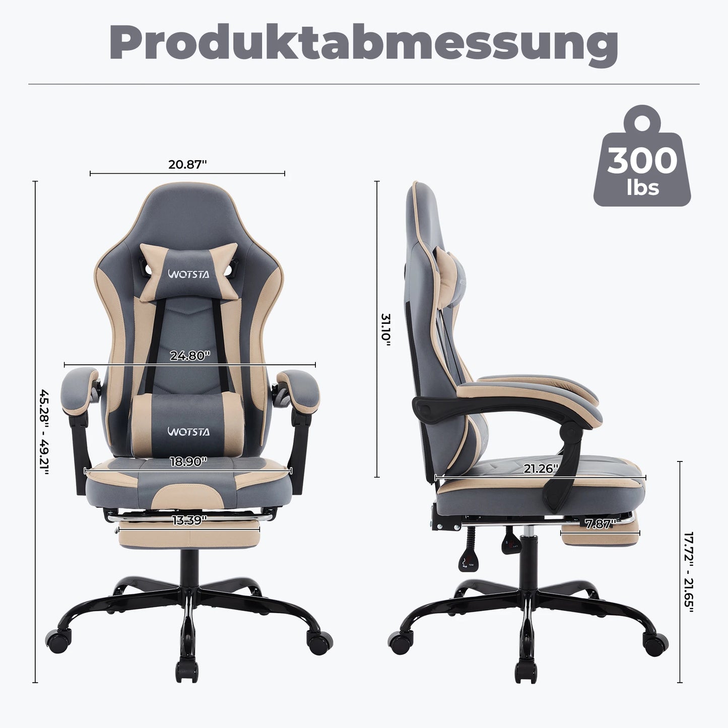 WOTSTA Gaming-Stuhl mit Fußstütze, Gamer-Stühle, ergonomisch, mit Lendenkissen, Kopfstützenstuhl, höhenverstellbarer Computerstuhl