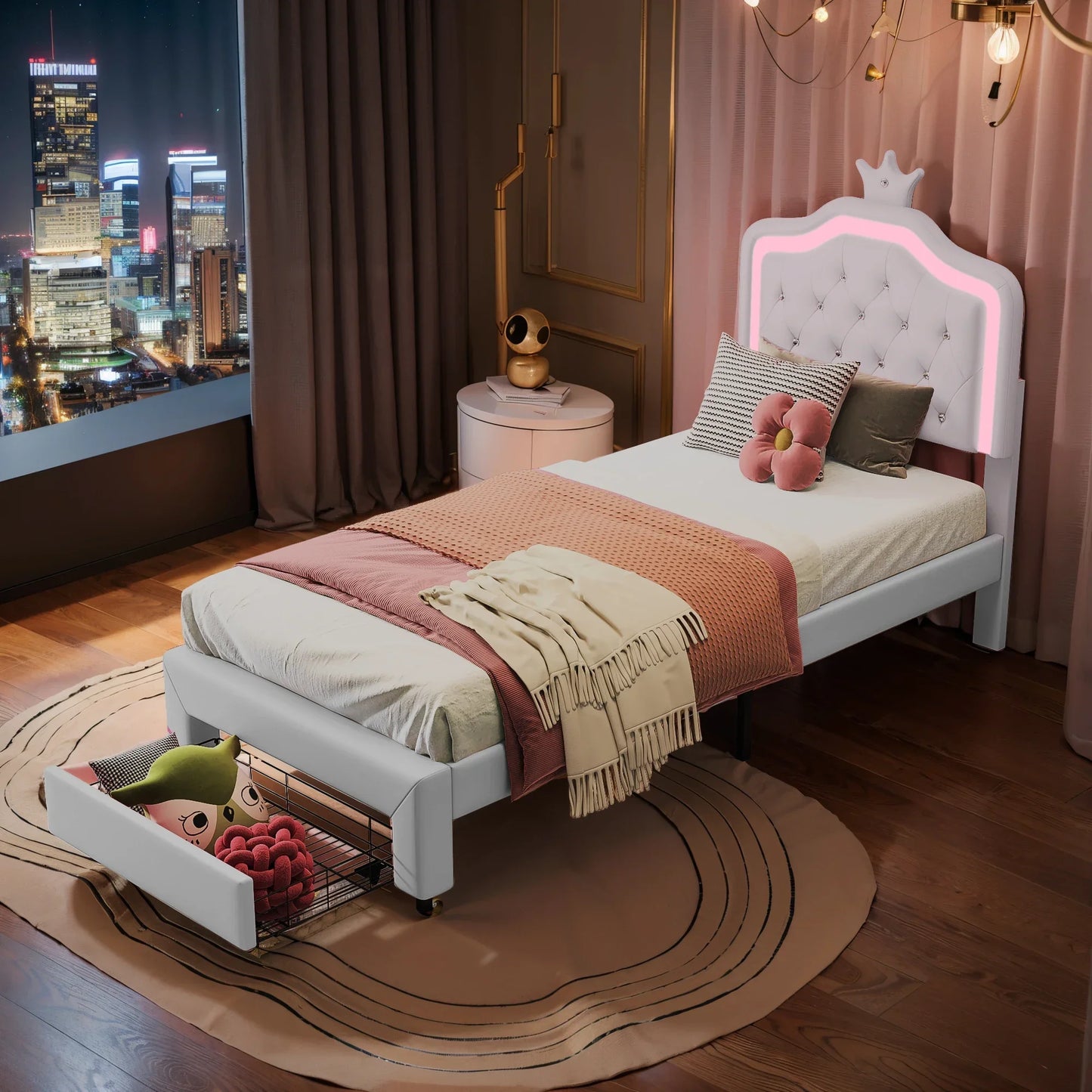 Rosahqnda Kinderbett, gepolsterter Bettrahmen, Krone, Kopfteil, Schubladenschrank, verstellbare Kopfteil-Lederoberfläche