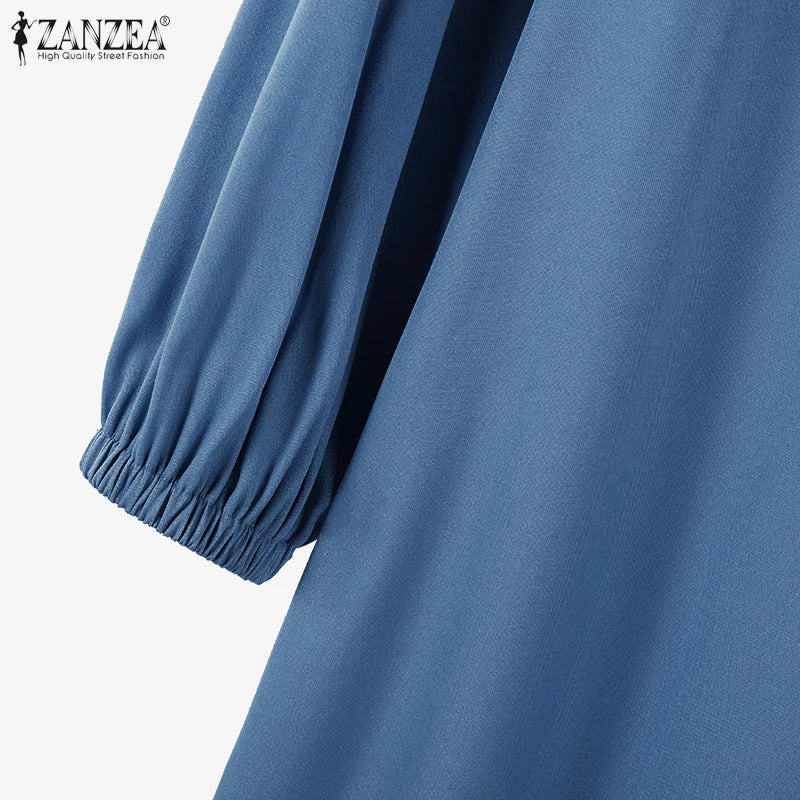 ZANZEA Muslim Women's Maxi Dress Islamic Hijab O Neck Half-Button Denim Blue Abaya Holiday Lantern Sleeve Loose Casual Vestidos.
