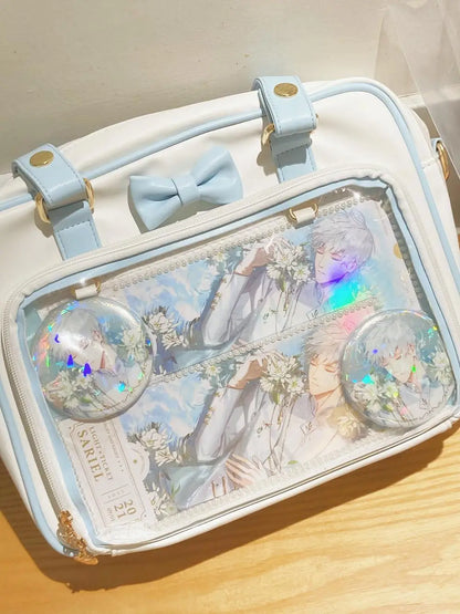 Y2K Cute Bow Ita Bag Girl Transparent Messenger Bag Women Fashion Shoulder Crossbody Bag Ladys DIY Badge Tote Bag Lolita Handbag.