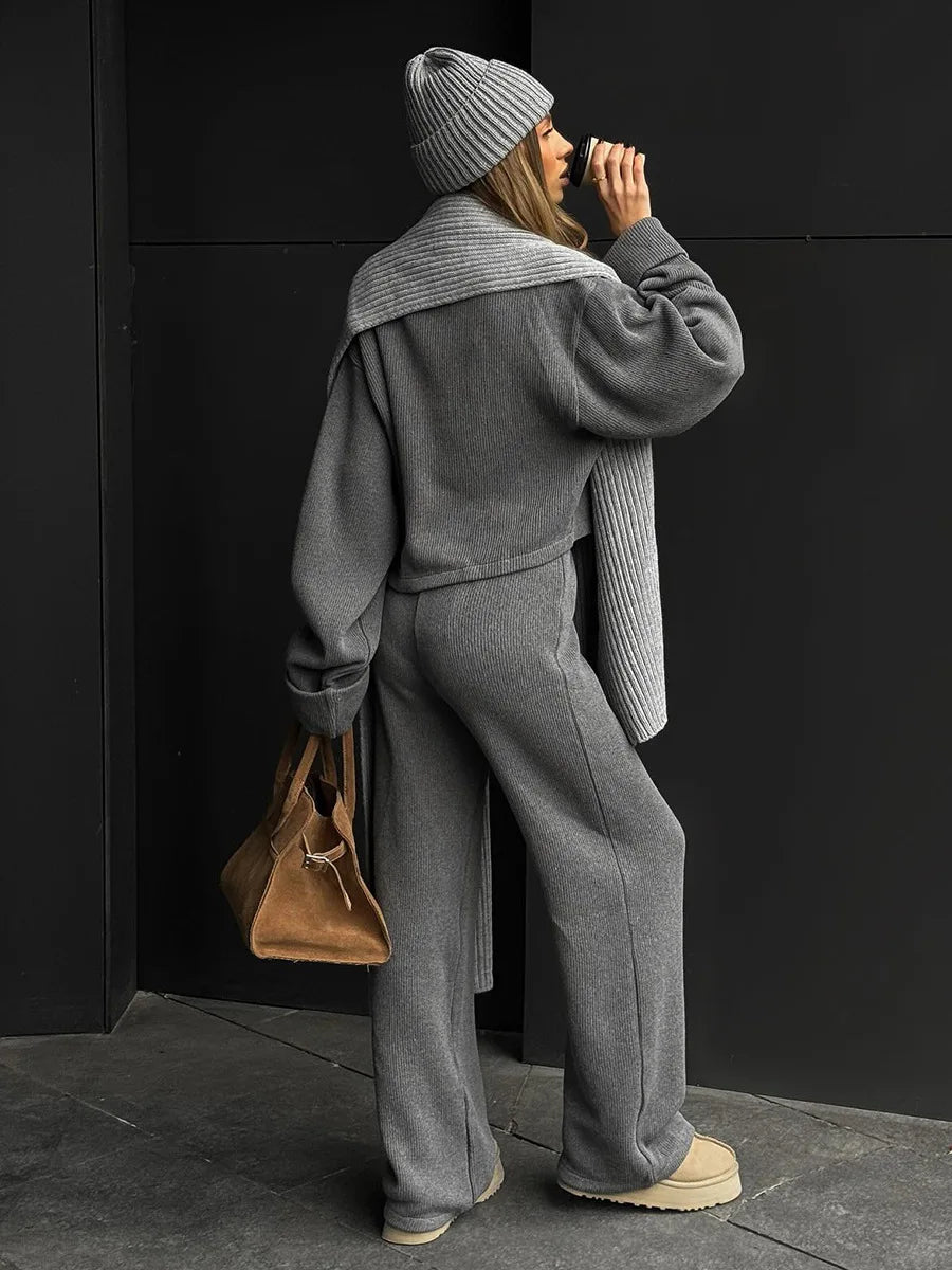 Knit Women 2 Piece Outfit Round Neck Zipper Loose Cuffs Cropped Coat For Lady Sporty Elatic Waist Autumn Female Wide Leg Pants.