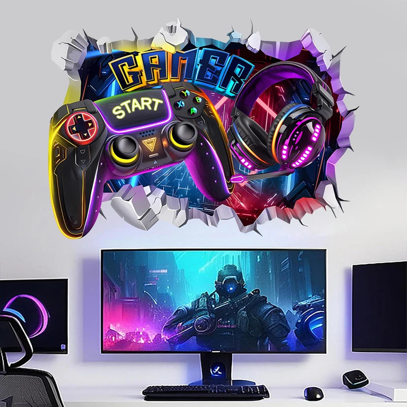 Larger Game Poster 3D Wall Hole Art Cool Gamer Zone Gamepad Vinyl Mural Stickers Home Decoration for Kids Bedroom Gaming Rooms.