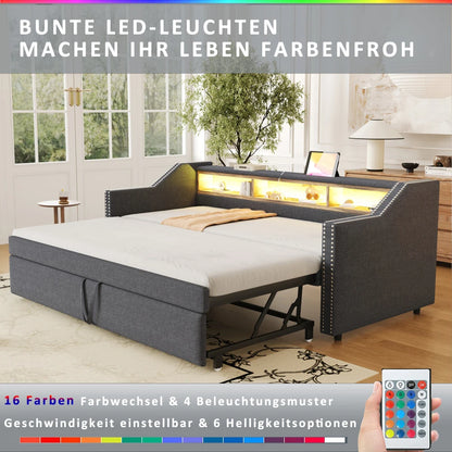 Ausziehbares Schlafsofa 90/180 x 190 cm, multifunktionales Aufbewahrungsfach, LED-Licht und USB-Buchse, mit Gitter, Dunkelgrau