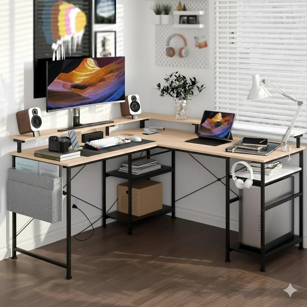 Moderner L-Schreibtisch, 2 in 1 Umwandelbar, 140/230cm, mit ergonomischer Monitortisch-Aufsatz, Power Hub, Gaming-Tisch