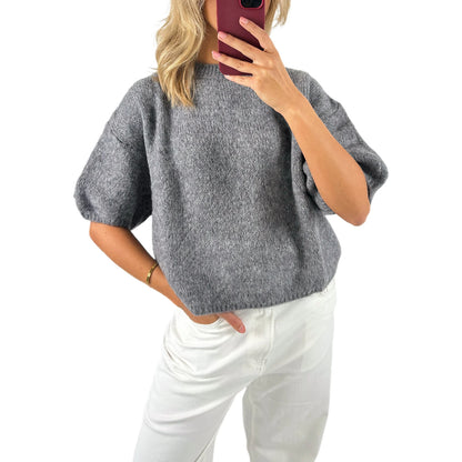 Damen Frühling Herbst Strickpullover Halbarm O Hals Einfarbig Lässige Strickwaren.