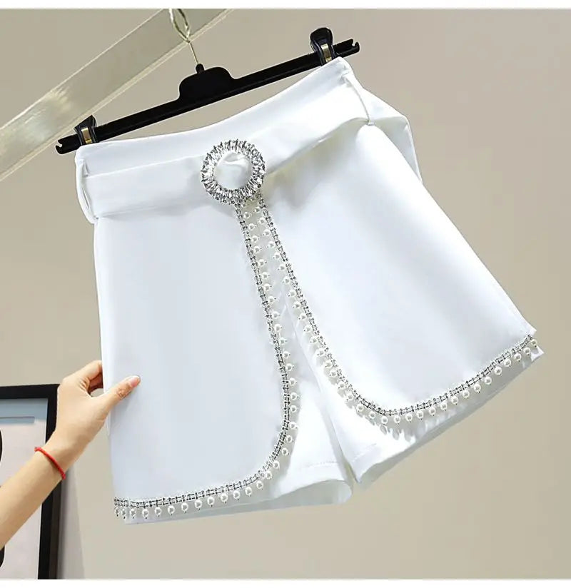 2025 Spring Summer New Simplicity Fashion Diamonds High Waist Shorts Women Clothes Fashion Patchwork Solid Color Wide Leg Pants.