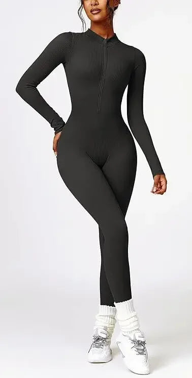 Seamless Long Sleeve Yoga Suit Waist-Fitted Shaping Trousers Casual Sports One-Piece Zippered Fitness Wear.
