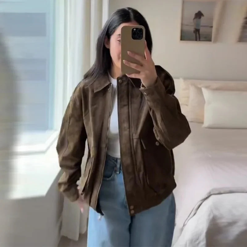 Retro-Jacke, modisch, Frühling und Herbst, lässig, lockere Tasche, langärmelig, trendig, cool, vielseitig, hochwertige Damen-Kurzjacke.