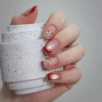 24Pcs Short False Nails with Shimmery Powder Ballet Nail Art Full Cover French Sheer Wearable Nail Manicure Tips for Girls Daily