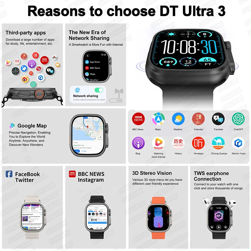 DT Ultra 3 Smartwatch Amoled Screen 4GB MP3 MP4 Player Bluetooth Network Sharing APP Store ChatGPT Smart AI Watch Men Sportwatch.