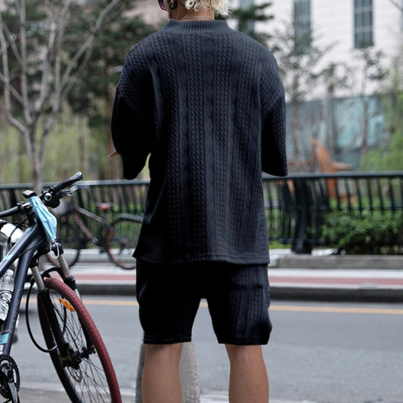 2024 Summer New Men's High Street Casual Loose Jacquard Sportswear V-Neck Short Sleeve Shorts Men's Fashion Suit.