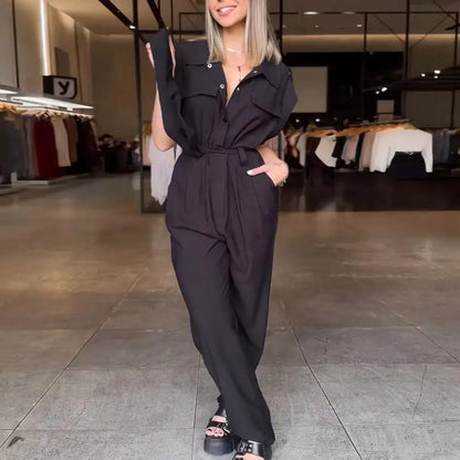 Elegant Women Jumpsuit Lapel Sleeveless Belt Design Romper with Pockets Solid Color Wide Leg Pants Versatile Jumpsuit.