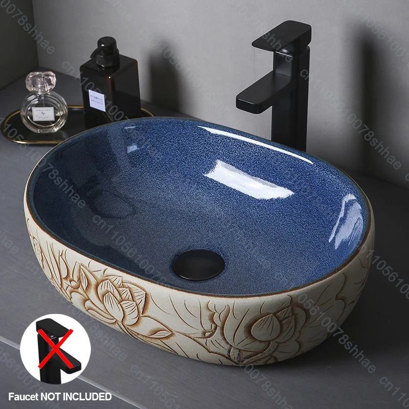 Retro Keramik Badezimmer Waschbecken Arbeitsplatte Waschbecken Künstlerische Eitelkeit Schüssel für Zuhause Keramik Gefäß Waschbecken Theke Waschschüssel Vintage
