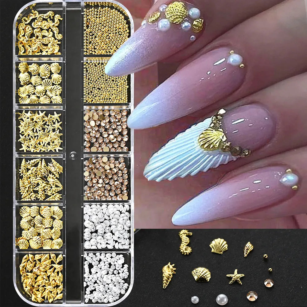 12Grids Moon Star Nails Gold Metallic Nail Sequins Charms 3D Nail Art Tips Decoration  3D Metal Moon Star Sun Bead Rivet Nail Je.