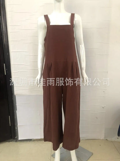 Women Cotton Linen Wide Leg Overalls Summer Fashion Off The Shoulder Sleeveless Solid Color Pocket Jumpsuits JYFS-8929.