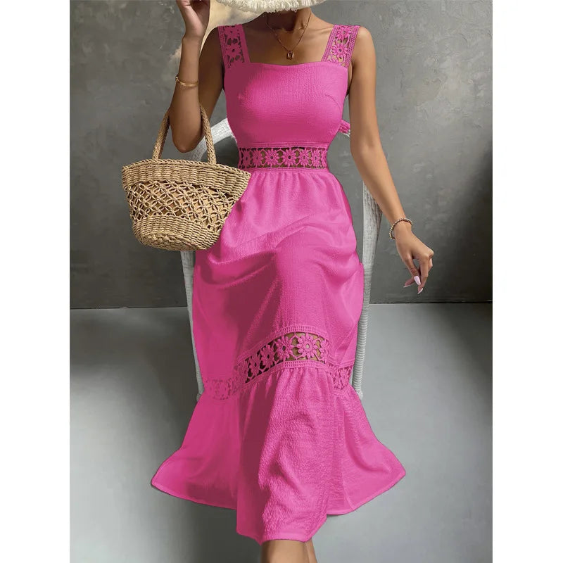 Weiße Lange Kleid Frauen Sommer Sexy Sleeveless Backless Maxi Kleider Damen Elegante Hohle Heraus Spitze Kleid Boho Sommerkleid Vestidos